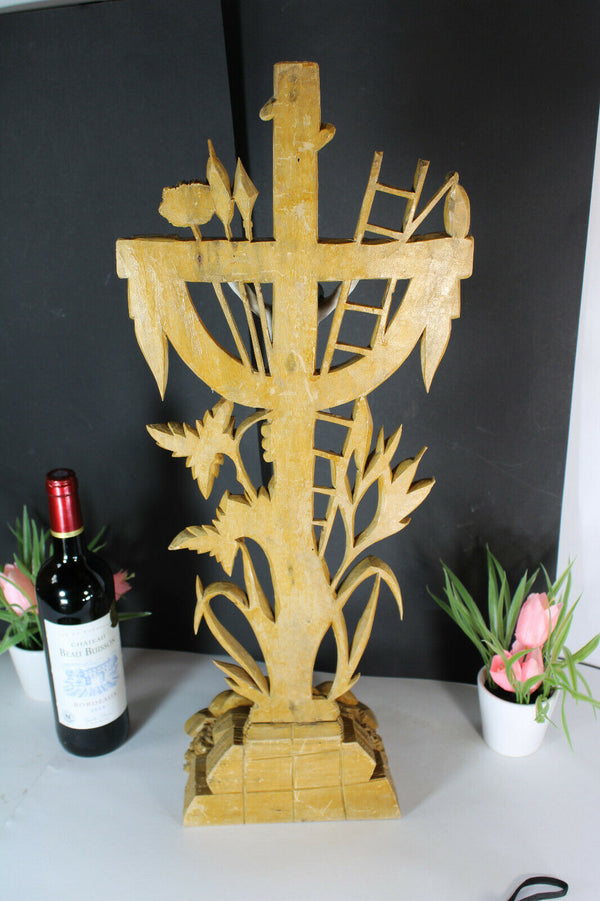XL antique french altar wood carved crucifix bisque porcelain corpus christ