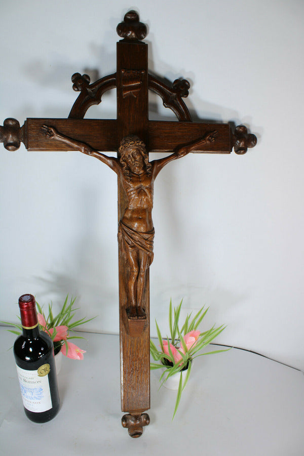 Antique xl wood carved crucifix cross religious
