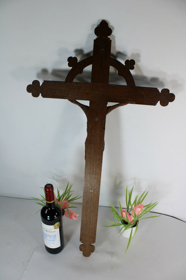 Antique xl wood carved crucifix cross religious