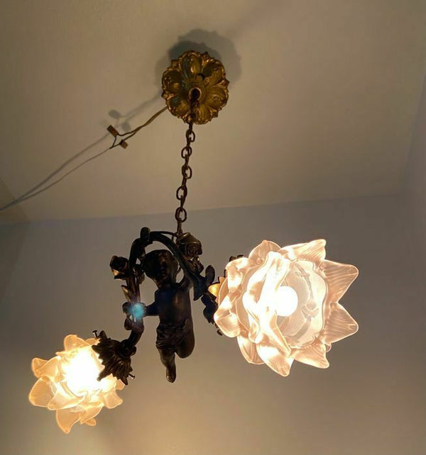 Antique French bronze putti cherub chandelier pendant lamp pink glass