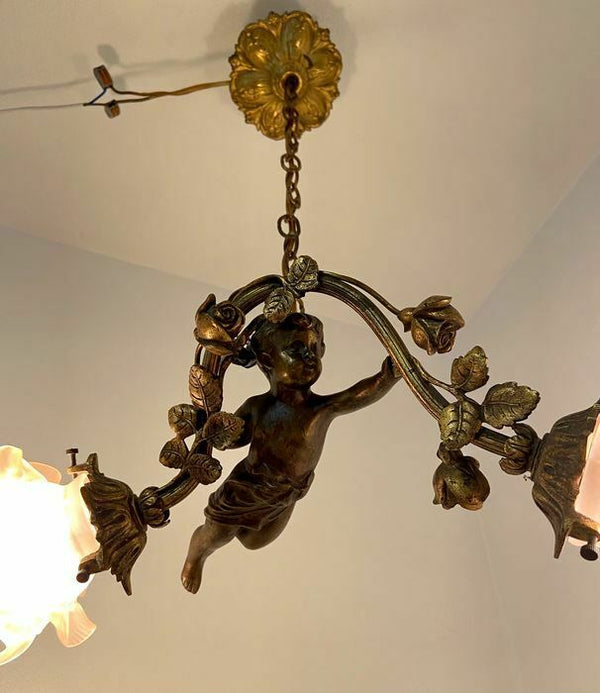 Antique French bronze putti cherub chandelier pendant lamp pink glass