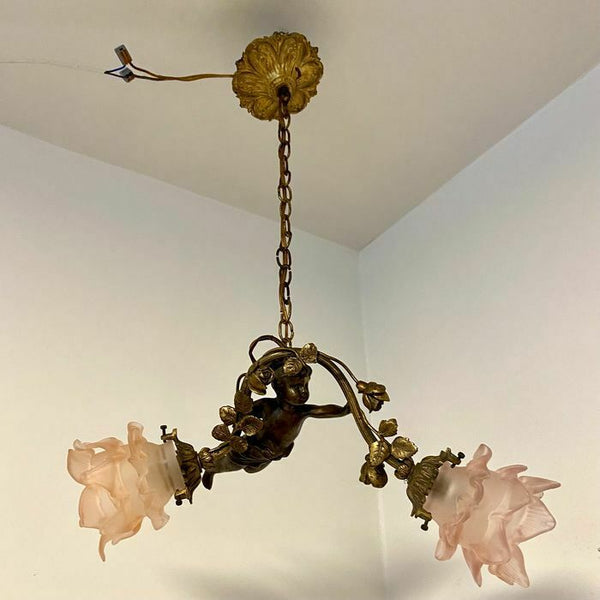 Antique French bronze putti cherub chandelier pendant lamp pink glass