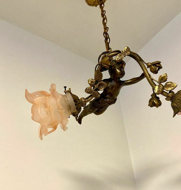 Antique French bronze putti cherub chandelier pendant lamp pink glass