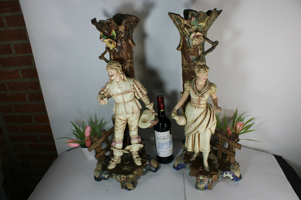 PAIR XL art nouveau antique barbotine majolica Man lady Figural Vases