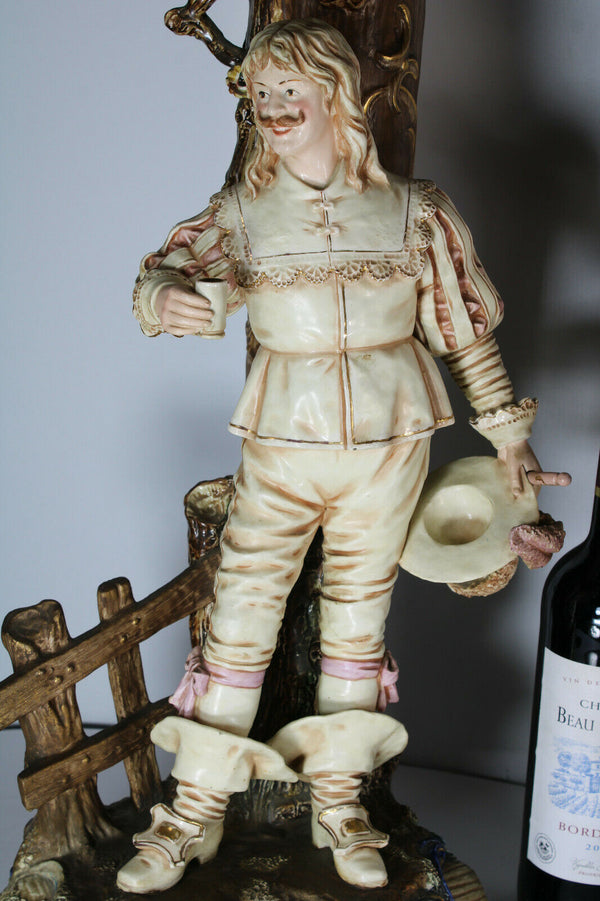 PAIR XL art nouveau antique barbotine majolica Man lady Figural Vases