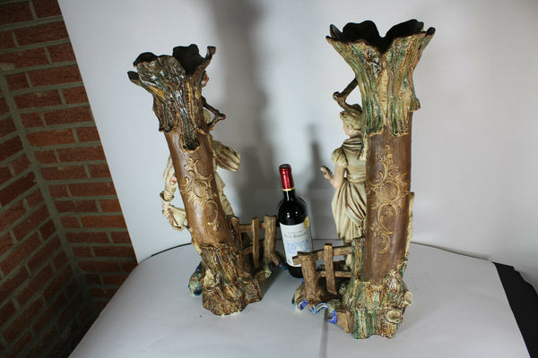 PAIR XL art nouveau antique barbotine majolica Man lady Figural Vases