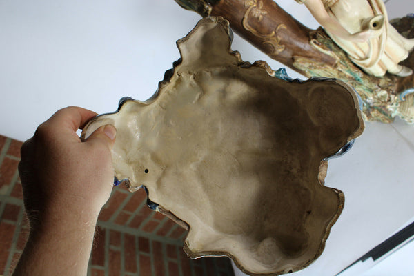 PAIR XL art nouveau antique barbotine majolica Man lady Figural Vases