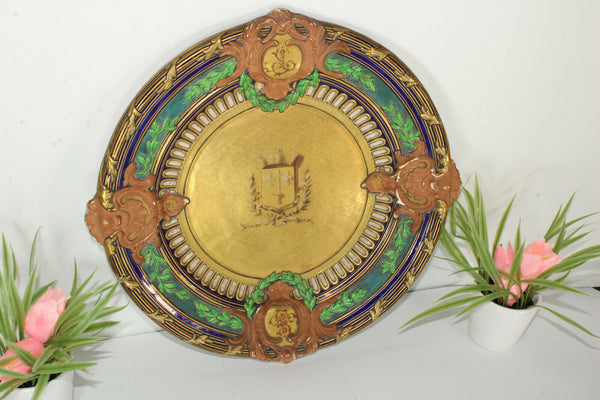 Antique Large French Ceramic Fleur de lys castle escutcheon shield plate signed