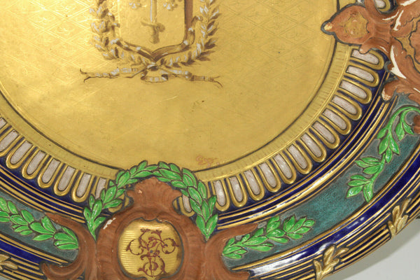 Antique Large French Ceramic Fleur de lys castle escutcheon shield plate signed