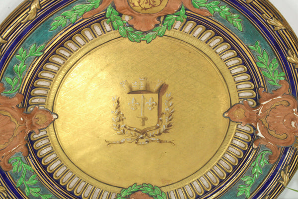 Antique Large French Ceramic Fleur de lys castle escutcheon shield plate signed