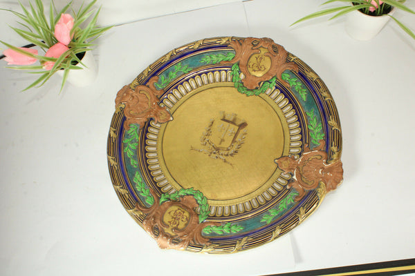 Antique Large French Ceramic Fleur de lys castle escutcheon shield plate signed