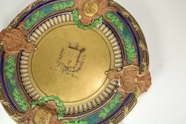 Antique Large French Ceramic Fleur de lys castle escutcheon shield plate signed
