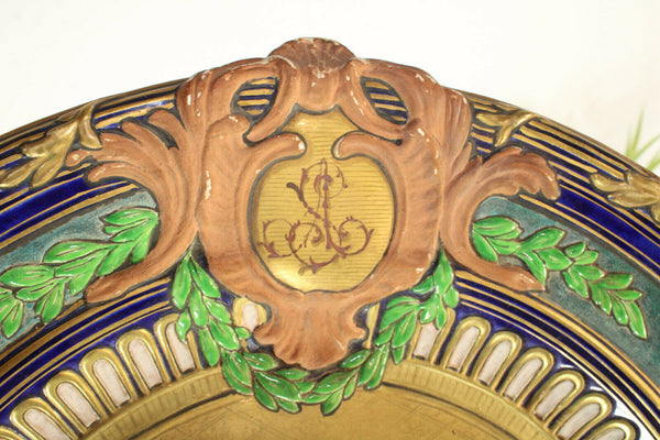 Antique Large French Ceramic Fleur de lys castle escutcheon shield plate signed