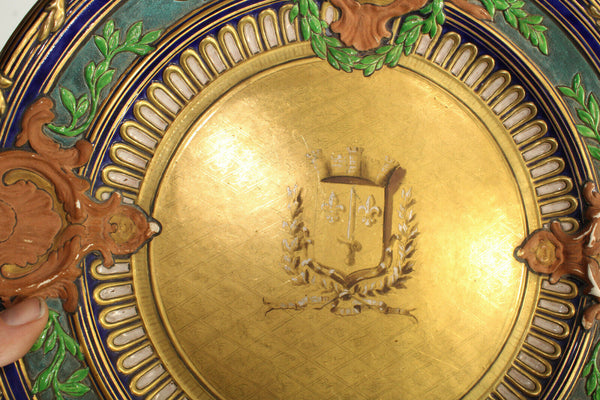 Antique Large French Ceramic Fleur de lys castle escutcheon shield plate signed