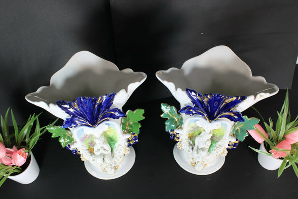 Antique pair vieux paris porcelain boy girl figural Floral vases 1900s