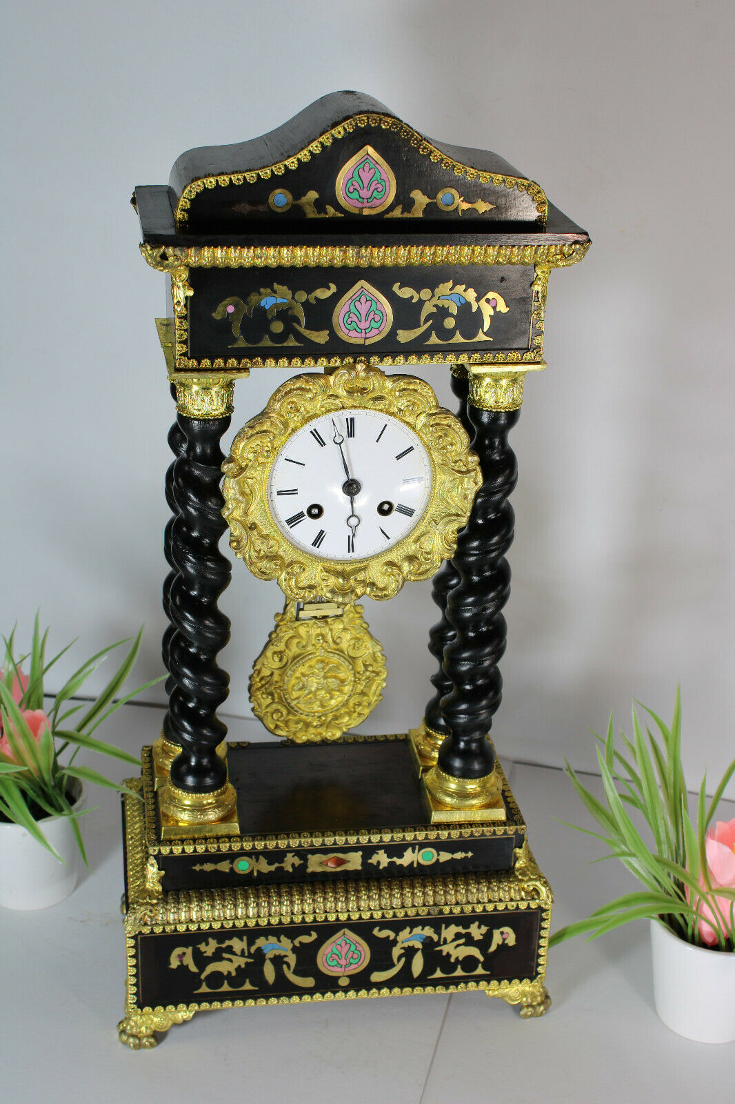 Antique napoleon III Wood inlay column clock