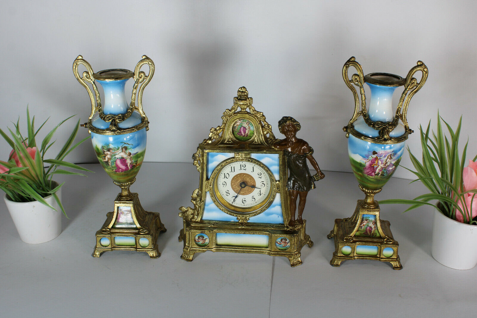 Antique vienna porcelain mantel clock set urns angels cherub putti