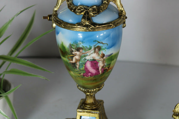 Antique vienna porcelain mantel clock set urns angels cherub putti