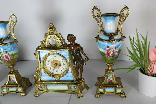Antique vienna porcelain mantel clock set urns angels cherub putti