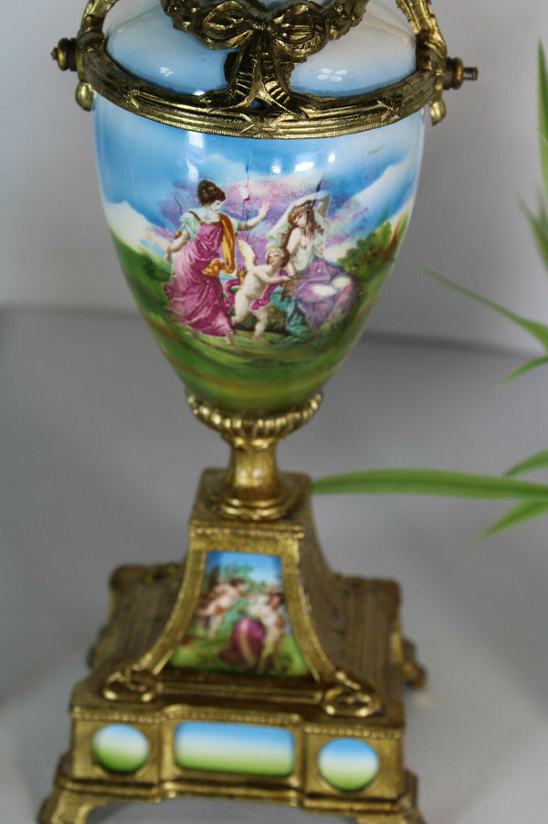 Antique vienna porcelain mantel clock set urns angels cherub putti