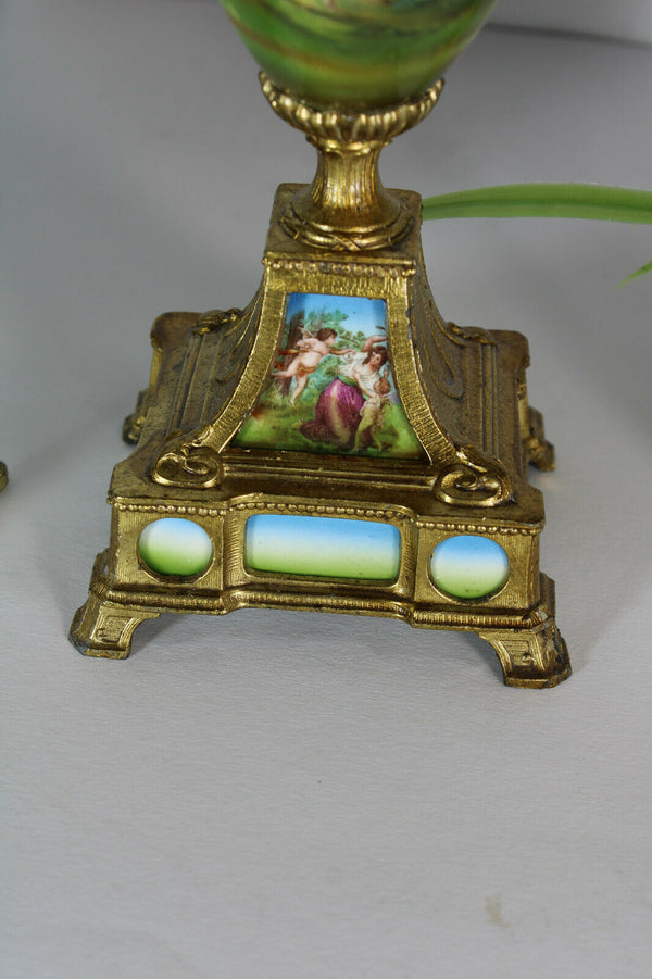 Antique vienna porcelain mantel clock set urns angels cherub putti