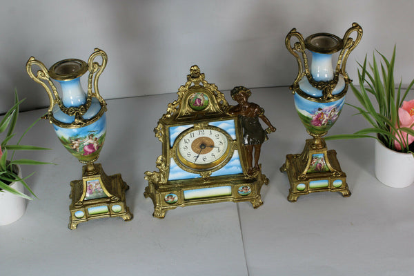 Antique vienna porcelain mantel clock set urns angels cherub putti