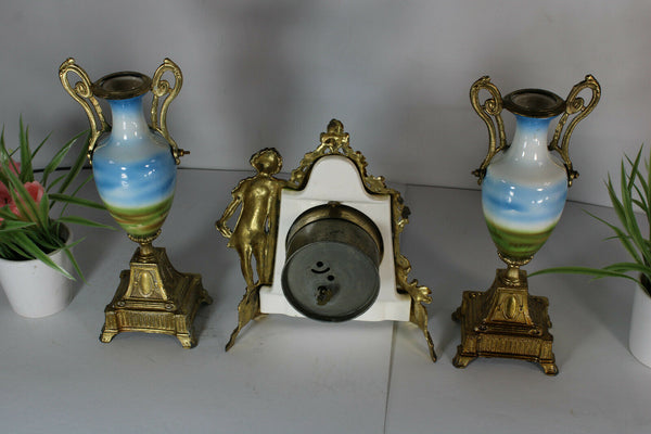 Antique vienna porcelain mantel clock set urns angels cherub putti