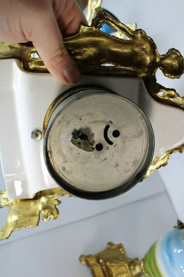 Antique vienna porcelain mantel clock set urns angels cherub putti
