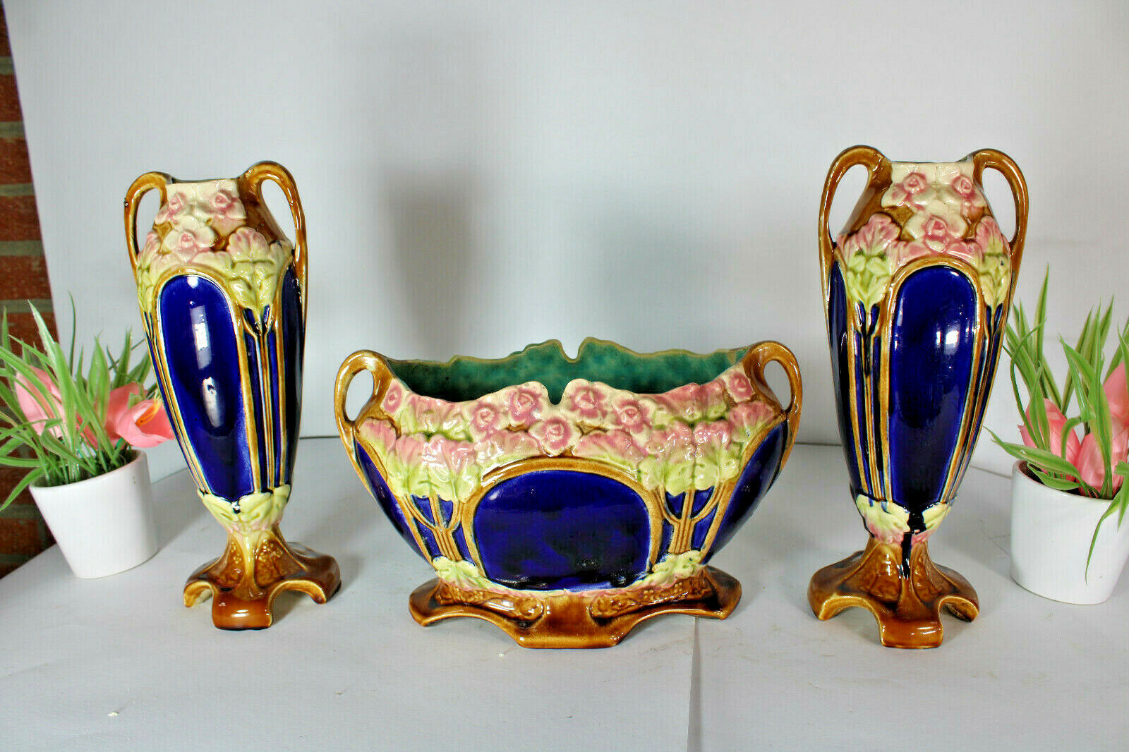 Antique Art nouveau barbotine majolica Vases centerpiece Mantel set