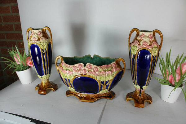 Antique Art nouveau barbotine majolica Vases centerpiece Mantel set