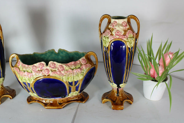 Antique Art nouveau barbotine majolica Vases centerpiece Mantel set