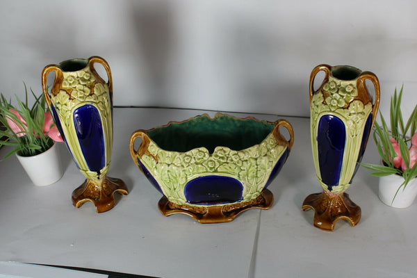 Antique Art nouveau barbotine majolica Vases centerpiece Mantel set