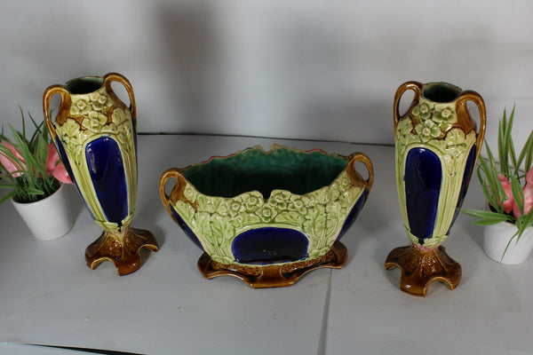 Antique Art nouveau barbotine majolica Vases centerpiece Mantel set