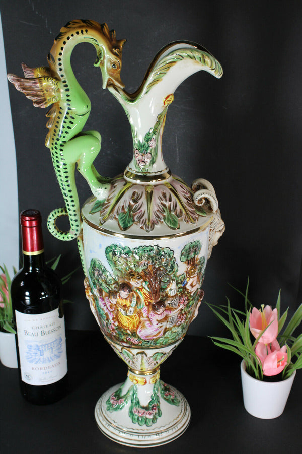 Capodimonte porcelain XL pitcher ewer dragon putti satyr devil head rare vase