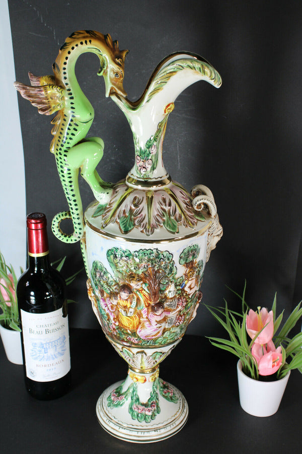 Capodimonte porcelain XL pitcher ewer dragon putti satyr devil head rare vase