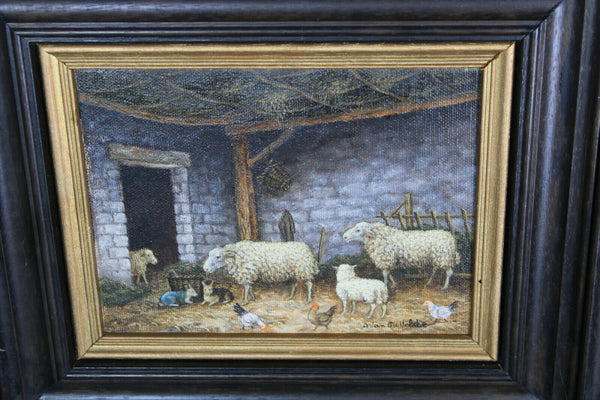 pair vintage oil canvas sheep stable flemish painting signed