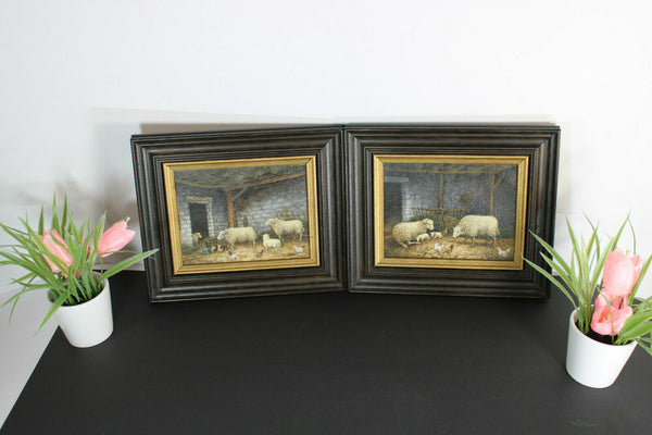 pair vintage oil canvas sheep stable flemish painting signed
