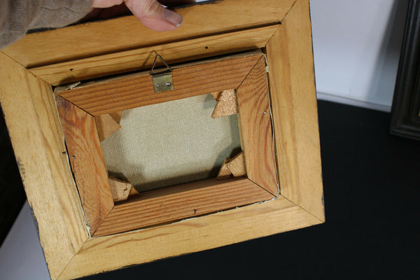 pair vintage oil canvas sheep stable flemish painting signed