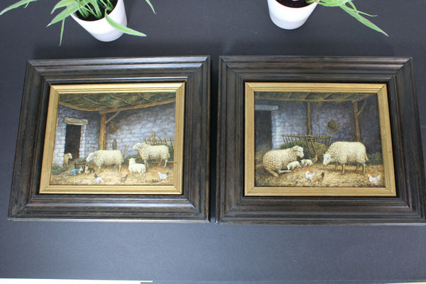 pair vintage oil canvas sheep stable flemish painting signed