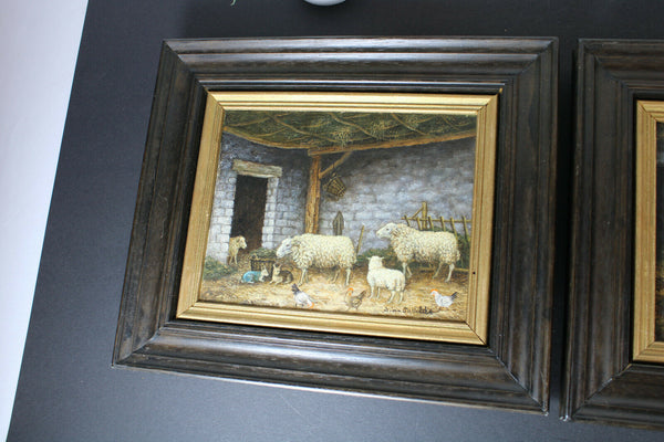 pair vintage oil canvas sheep stable flemish painting signed