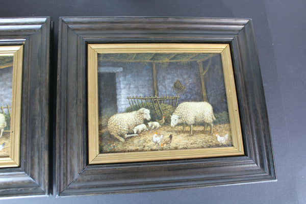 pair vintage oil canvas sheep stable flemish painting signed