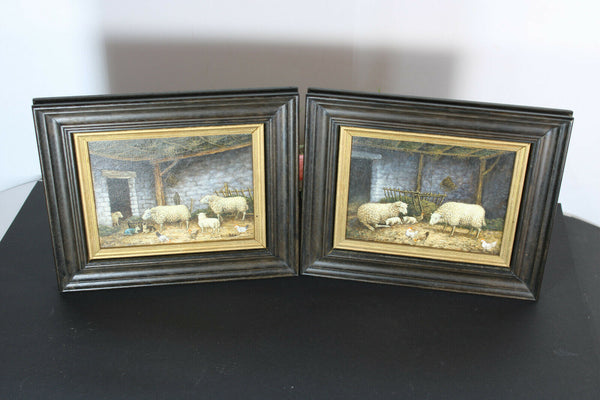 pair vintage oil canvas sheep stable flemish painting signed
