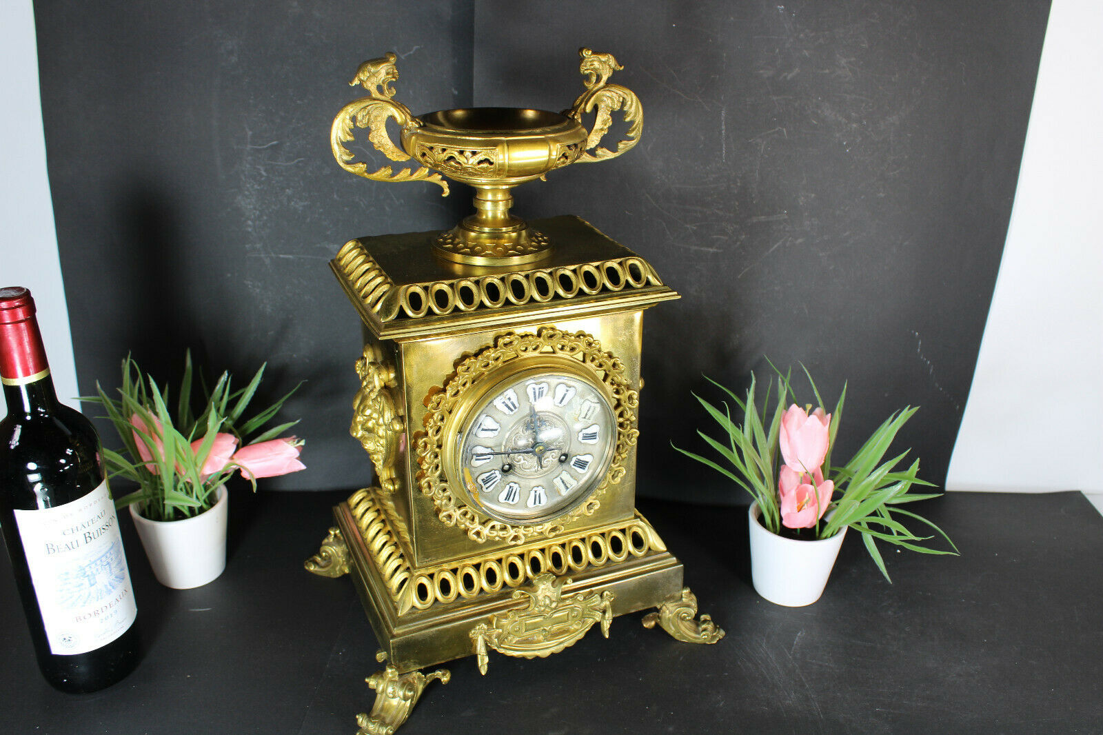 Antique bronze mantel clock lion head dragons