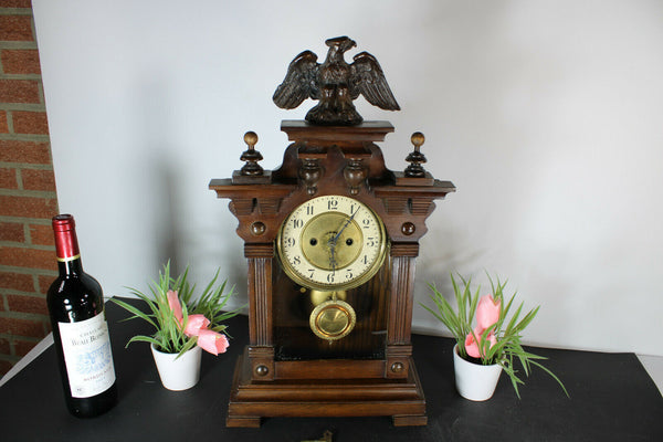 Antique Wood carved german 1900s Mantel clock eagle