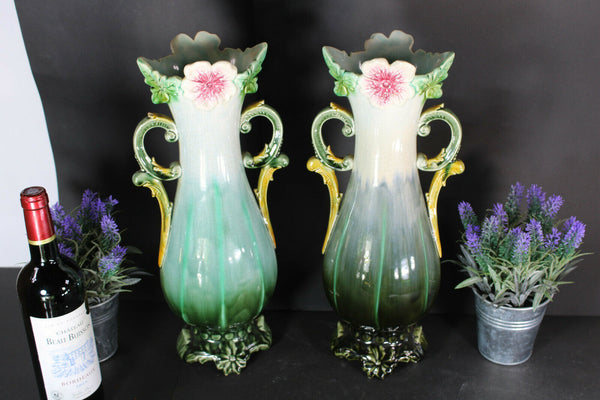 pair antique barbotine majolica Vases floral decor art nouveau