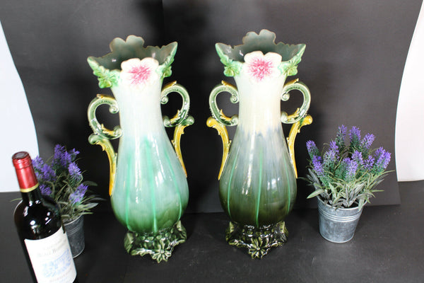 pair antique barbotine majolica Vases floral decor art nouveau