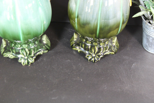 pair antique barbotine majolica Vases floral decor art nouveau