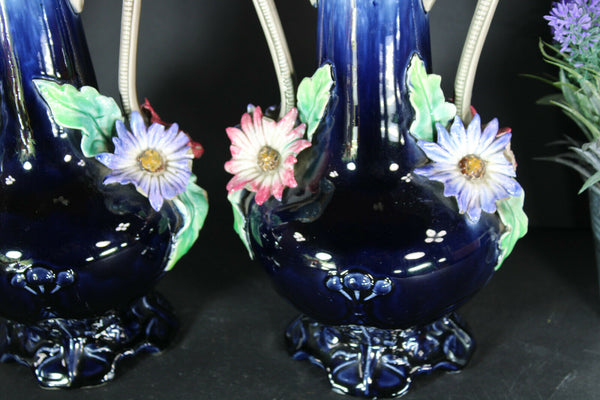 pair antique barbotine majolica Vases floral decor art nouveau