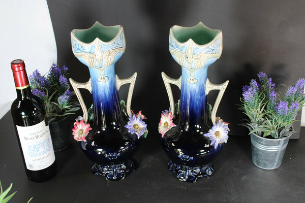 pair antique barbotine majolica Vases floral decor art nouveau