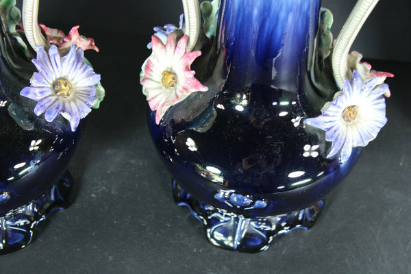 pair antique barbotine majolica Vases floral decor art nouveau